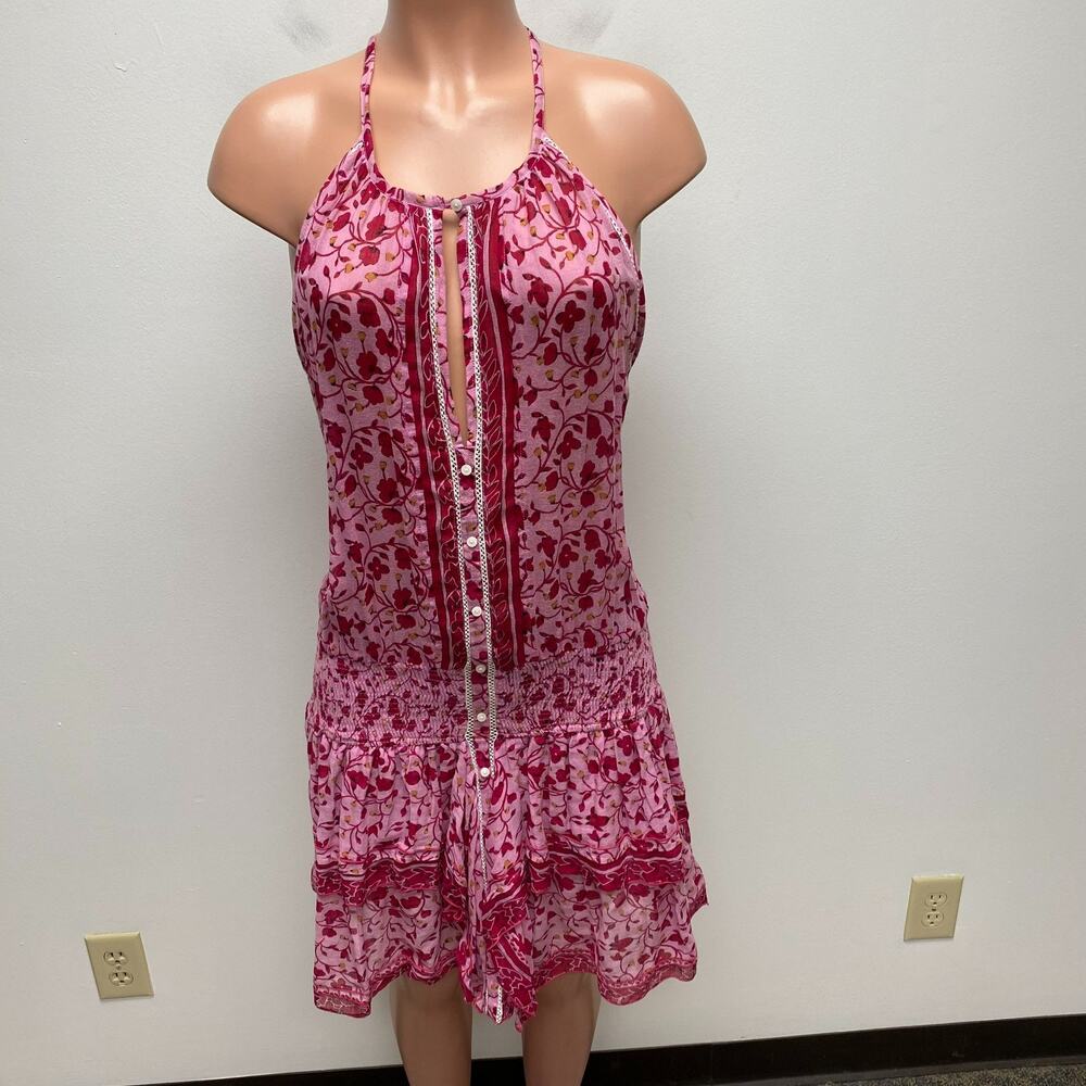 Poupette St Barth Womens Pink Floral Halter Sleeveless Smocked Ruffled Dress L - Picture 2 of 16